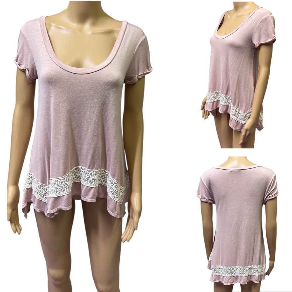 Honey Punch Dusty Pink Lace Detail Cuffed Short Sleeve A Line Scoop Neck Top XS